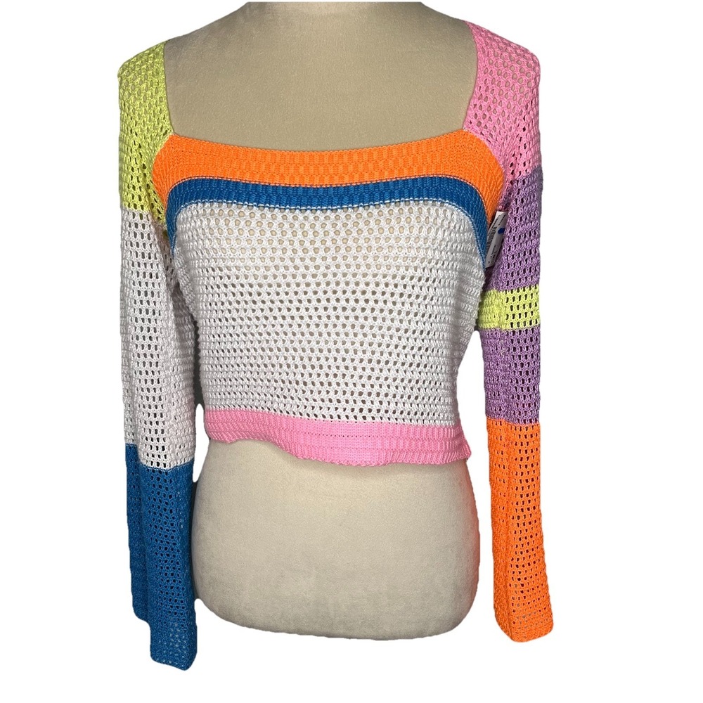 Womens Colorblock Crochet Knit Cropped Sweater Colorful Beachy Festival Boho‎ S